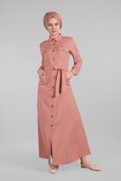 Tesettür giyim PUDRA KOMPLE DÜĞMELİ CEPLİ ELBİSE 474 