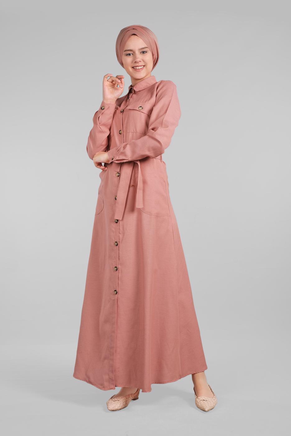 Tesettür giyim PUDRA KOMPLE DÜĞMELİ CEPLİ ELBİSE 474 