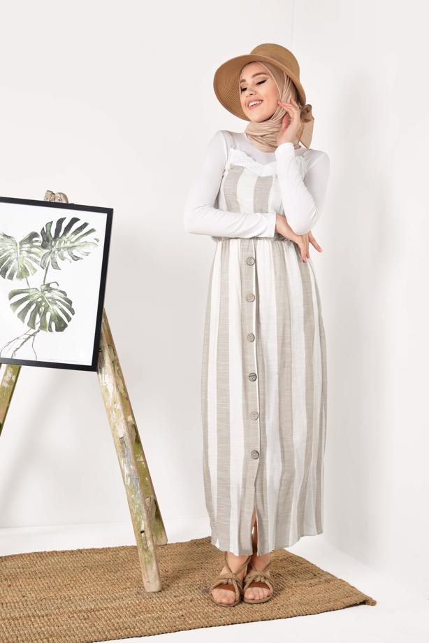 Vêtements hijab  Button Detail Cotton Dress T 0514  - TRENDTESETTÜR