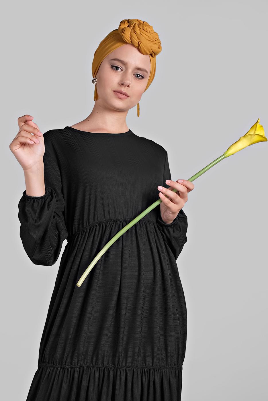 Tesettür giyim SİYAH BİLEKLERİ LASTİKLİ BİSİKLET YAKA ELBİSE 0625 