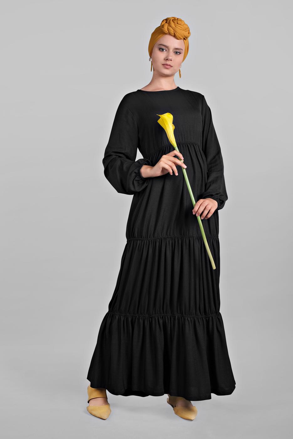 Tesettür giyim SİYAH BİLEKLERİ LASTİKLİ BİSİKLET YAKA ELBİSE 0625 