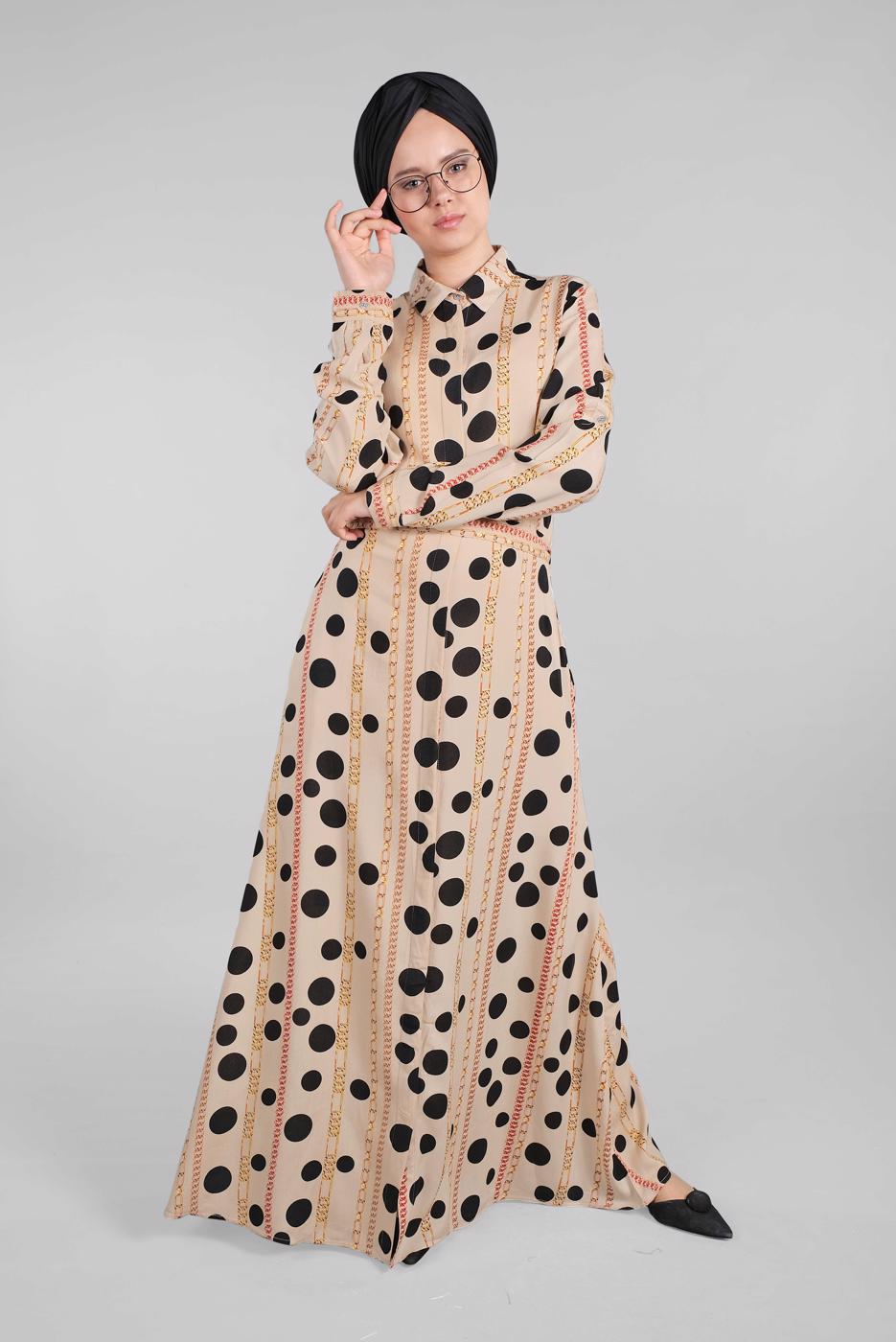 Hijab clothing BEIGE Chain and Gıngham Patterned Dress T 0824 