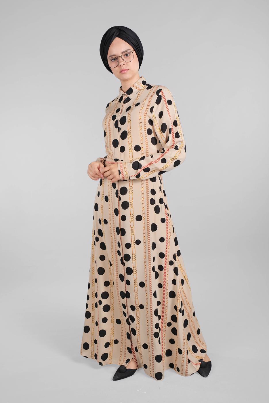 Hijab clothing BEIGE Chain and Gıngham Patterned Dress T 0824 