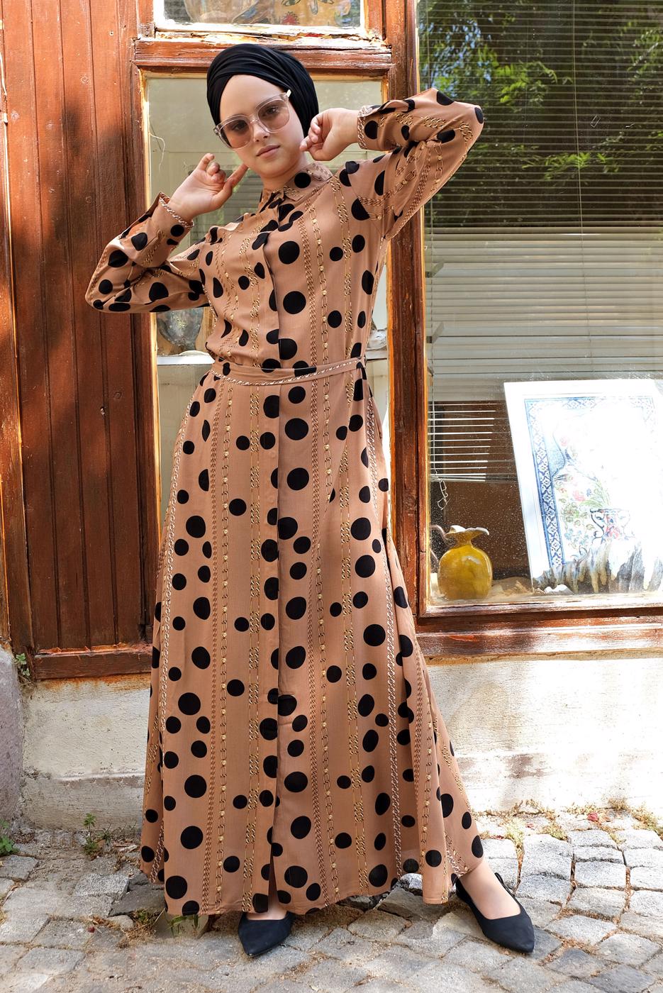 Hijab clothing PINK Chain and Gıngham Patterned Dress T 0824 