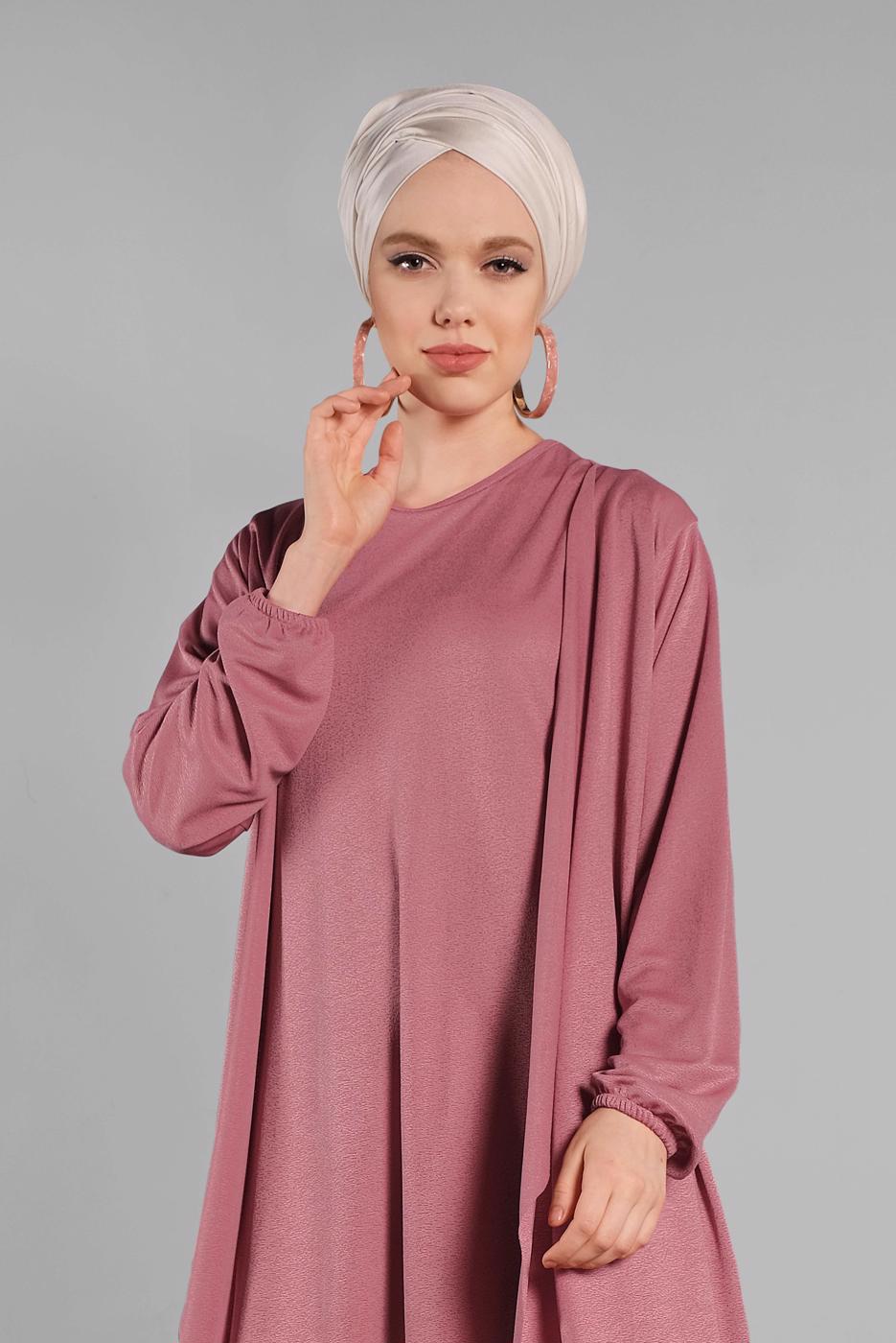 Tesettür giyim PEMBE KOLLARI LASTİKLİ 2&prime;Lİ ELBİSELİ TAKIM 1035 