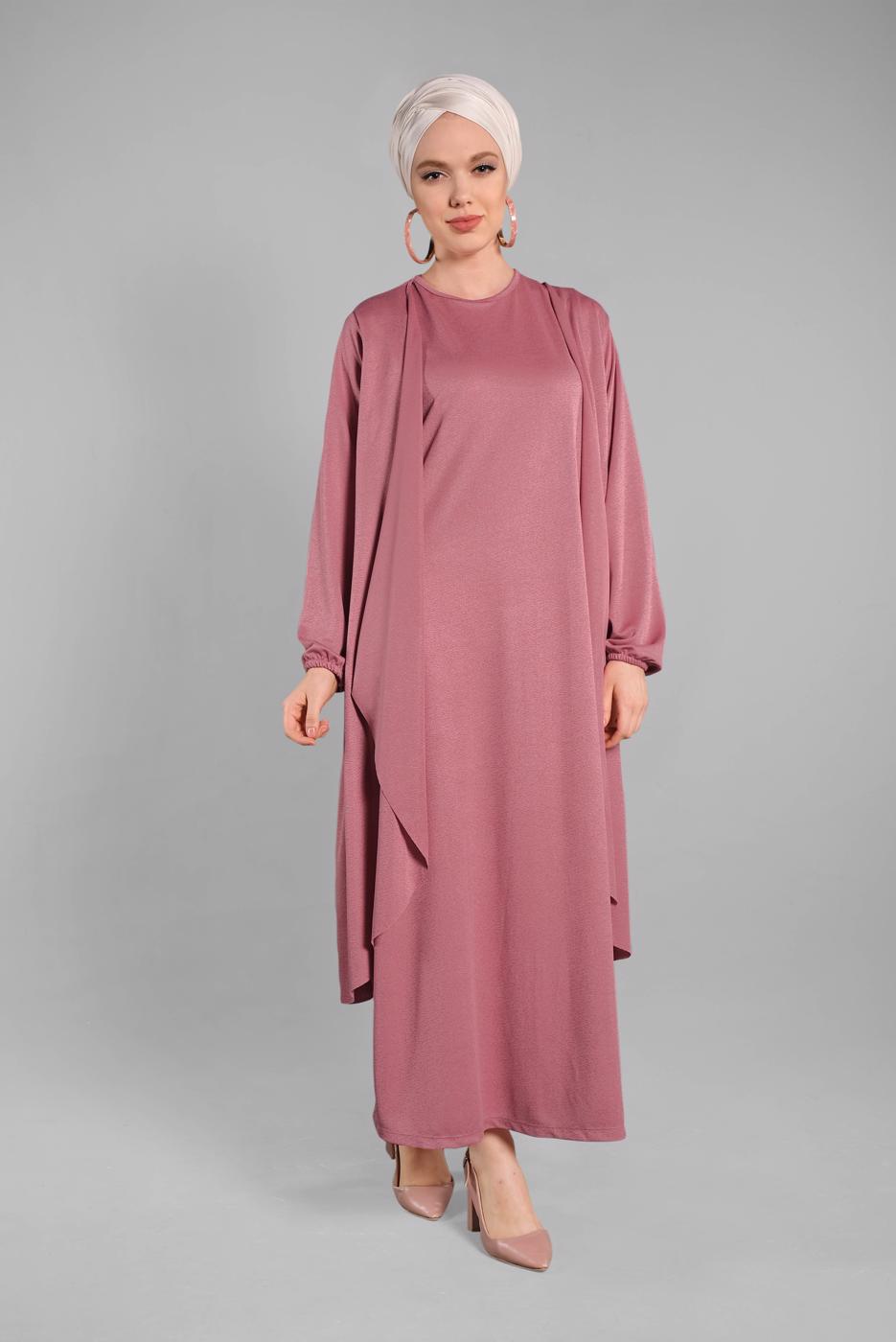 Tesettür giyim PEMBE KOLLARI LASTİKLİ 2&prime;Lİ ELBİSELİ TAKIM 1035 