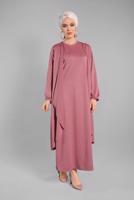 Tesettür giyim PEMBE KOLLARI LASTİKLİ 2&prime;Lİ ELBİSELİ TAKIM 1035 