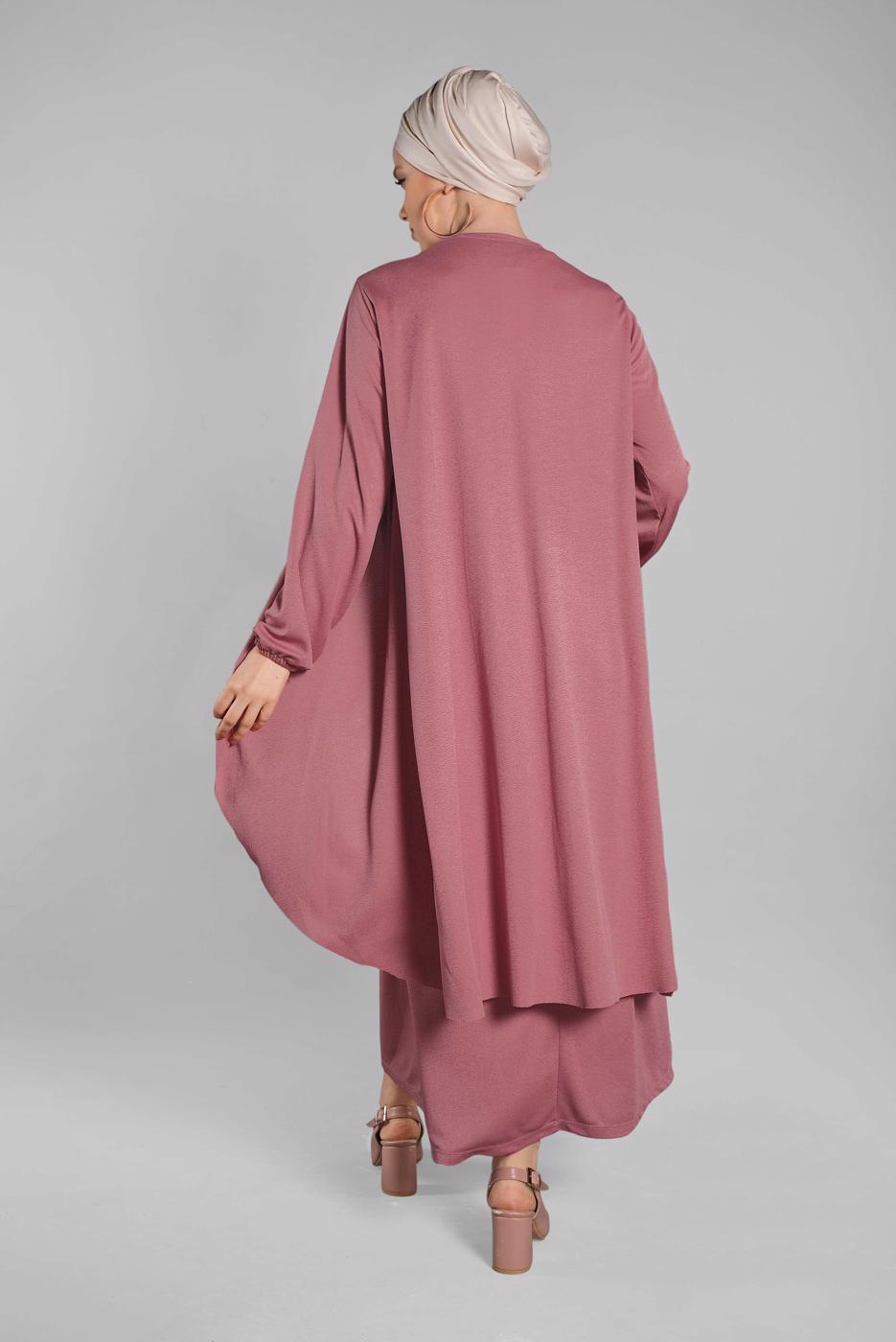 Tesettür giyim PEMBE KOLLARI LASTİKLİ 2&prime;Lİ ELBİSELİ TAKIM 1035 