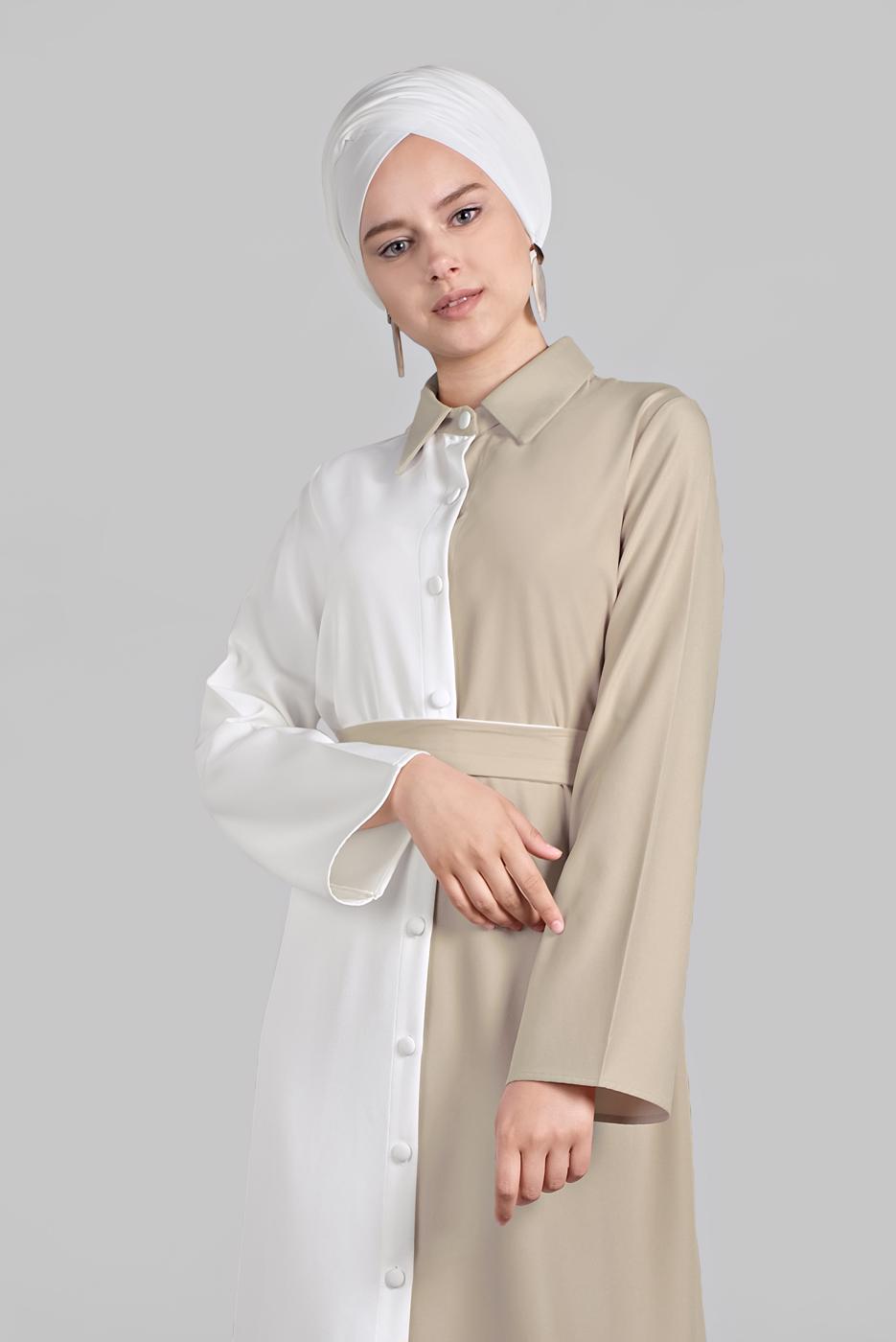Tesettür giyim BEJ İKİ RENK ÖNDEN DÜĞMELİ ELBİSE 1166 