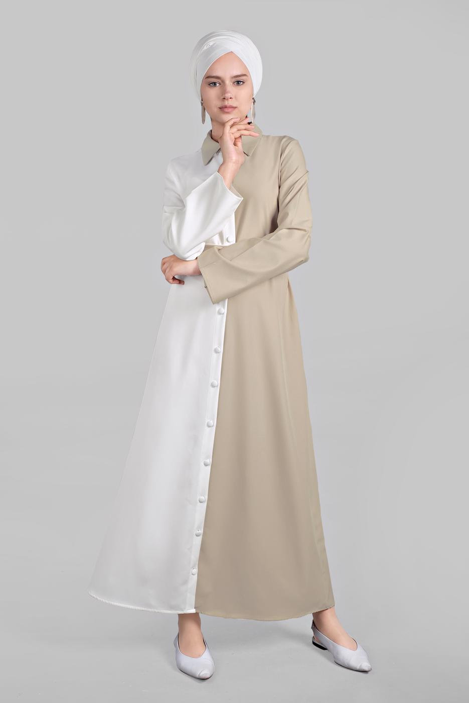 Tesettür giyim BEJ İKİ RENK ÖNDEN DÜĞMELİ ELBİSE 1166 