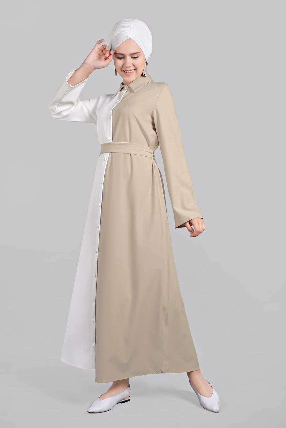 Tesettür giyim BEJ İKİ RENK ÖNDEN DÜĞMELİ ELBİSE 1166 