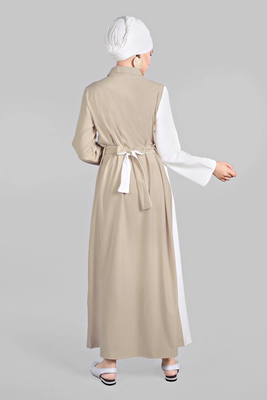 Tesettür giyim BEJ İKİ RENK ÖNDEN DÜĞMELİ ELBİSE 1166 