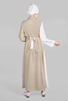 Tesettür giyim BEJ İKİ RENK ÖNDEN DÜĞMELİ ELBİSE 1166 