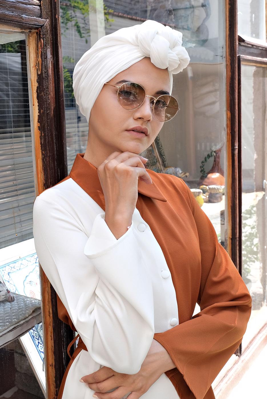 Hijab clothing BROWN Two Color Button Front Dress T 1166 