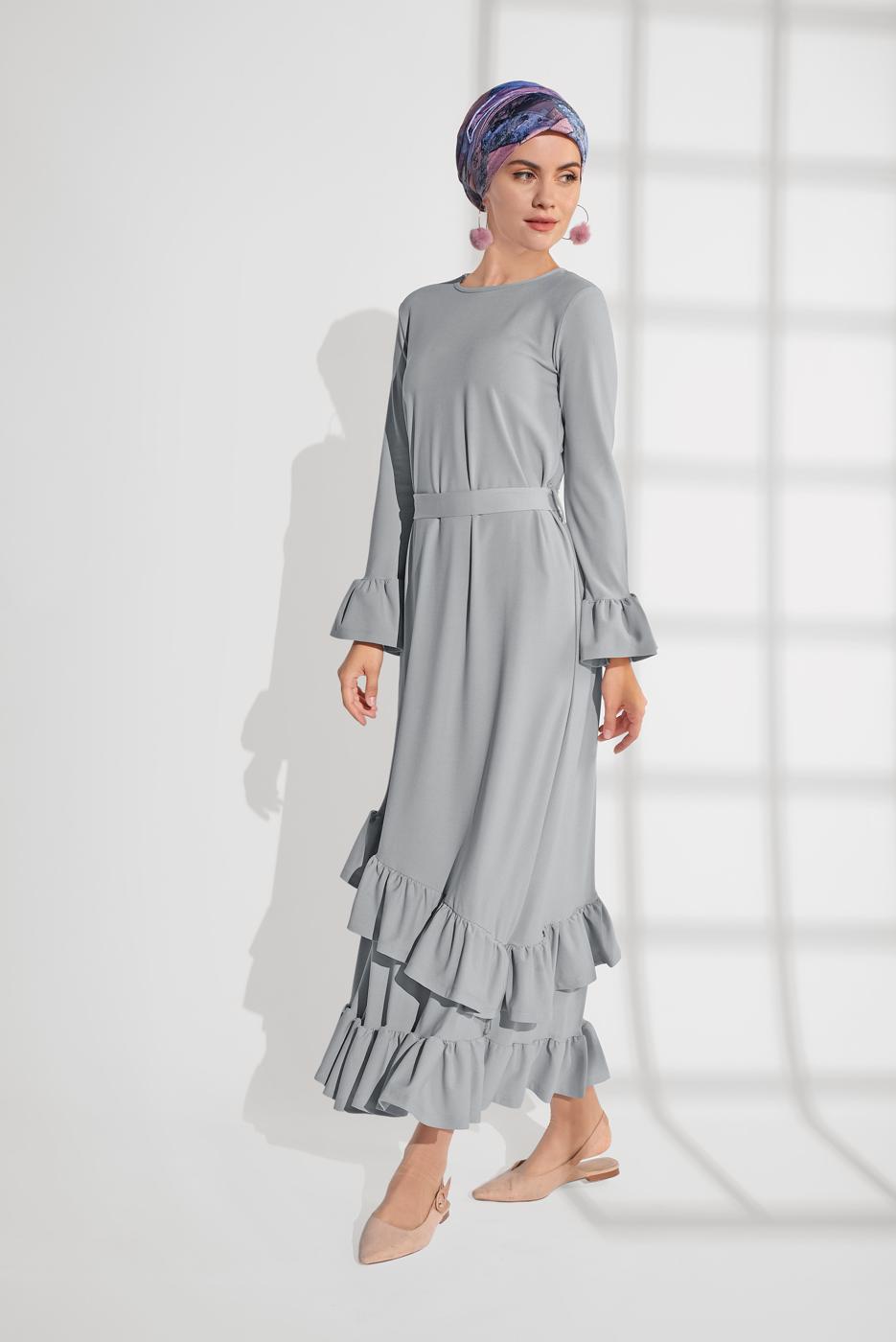 Hijab clothing GREY Flywheel Detail Dress T 2216 