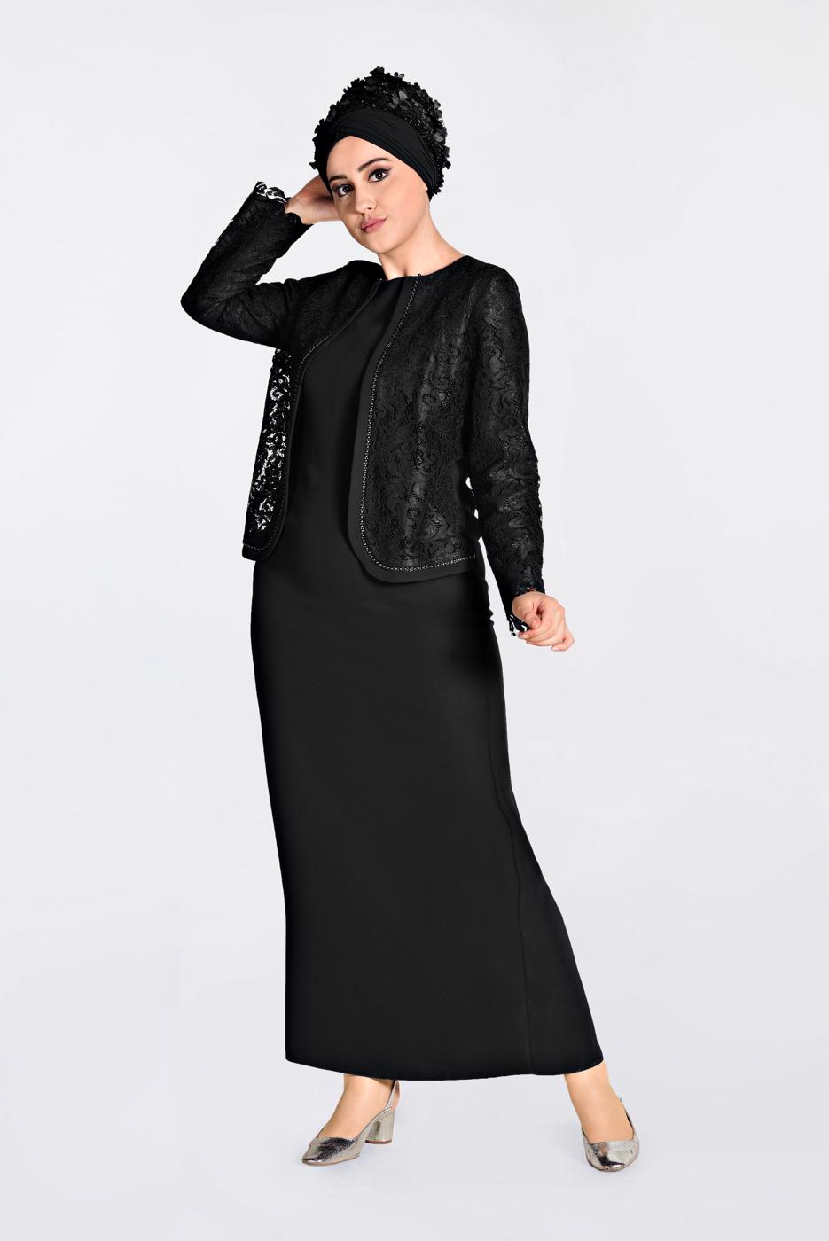 Tesettür giyim SİYAH  DANTEL VE BONCUK İŞLEMELİ ELBİSE 2818 