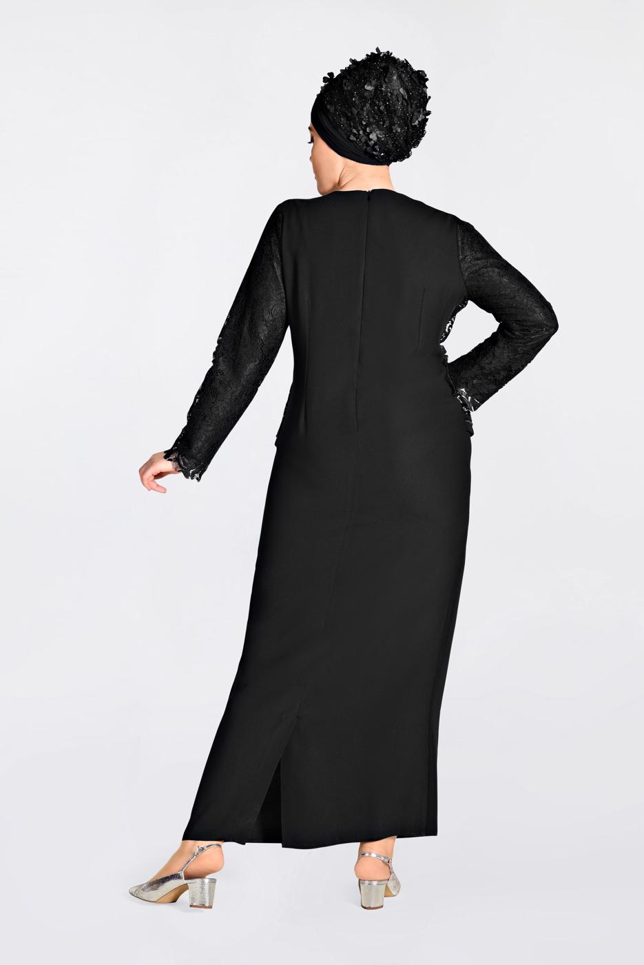 Tesettür giyim SİYAH  DANTEL VE BONCUK İŞLEMELİ ELBİSE 2818 