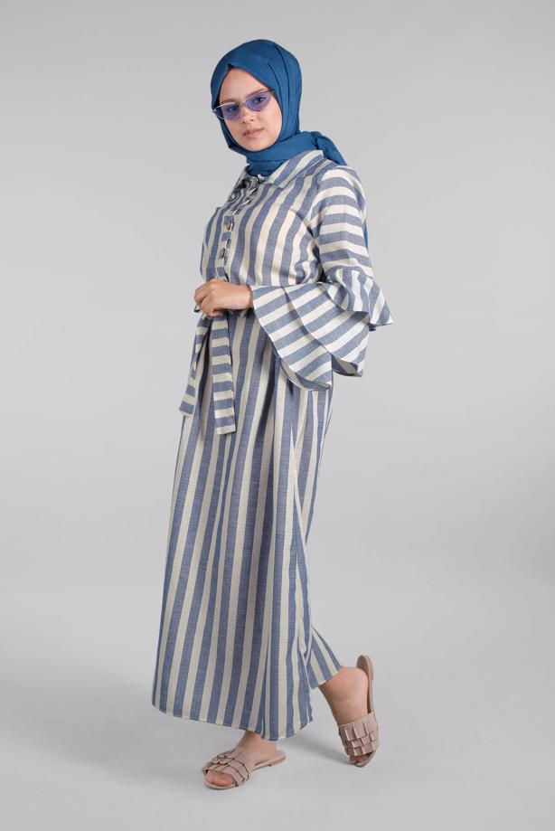 Vêtements hijab  Flywheel Sleeve Striped Dress T 3266  - TRENDTESETTÜR