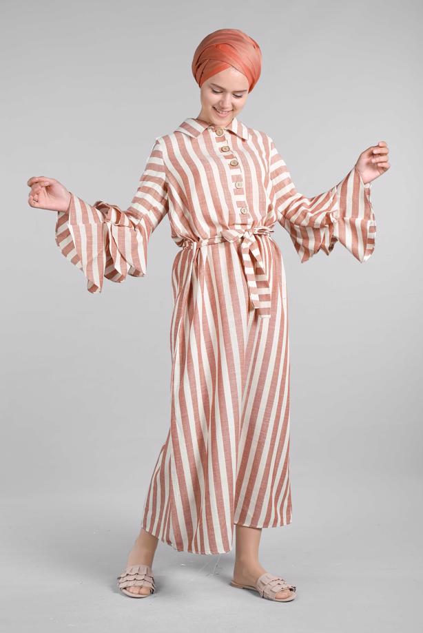 Vêtements hijab  Flywheel Sleeve Striped Dress T 3266  - TRENDTESETTÜR