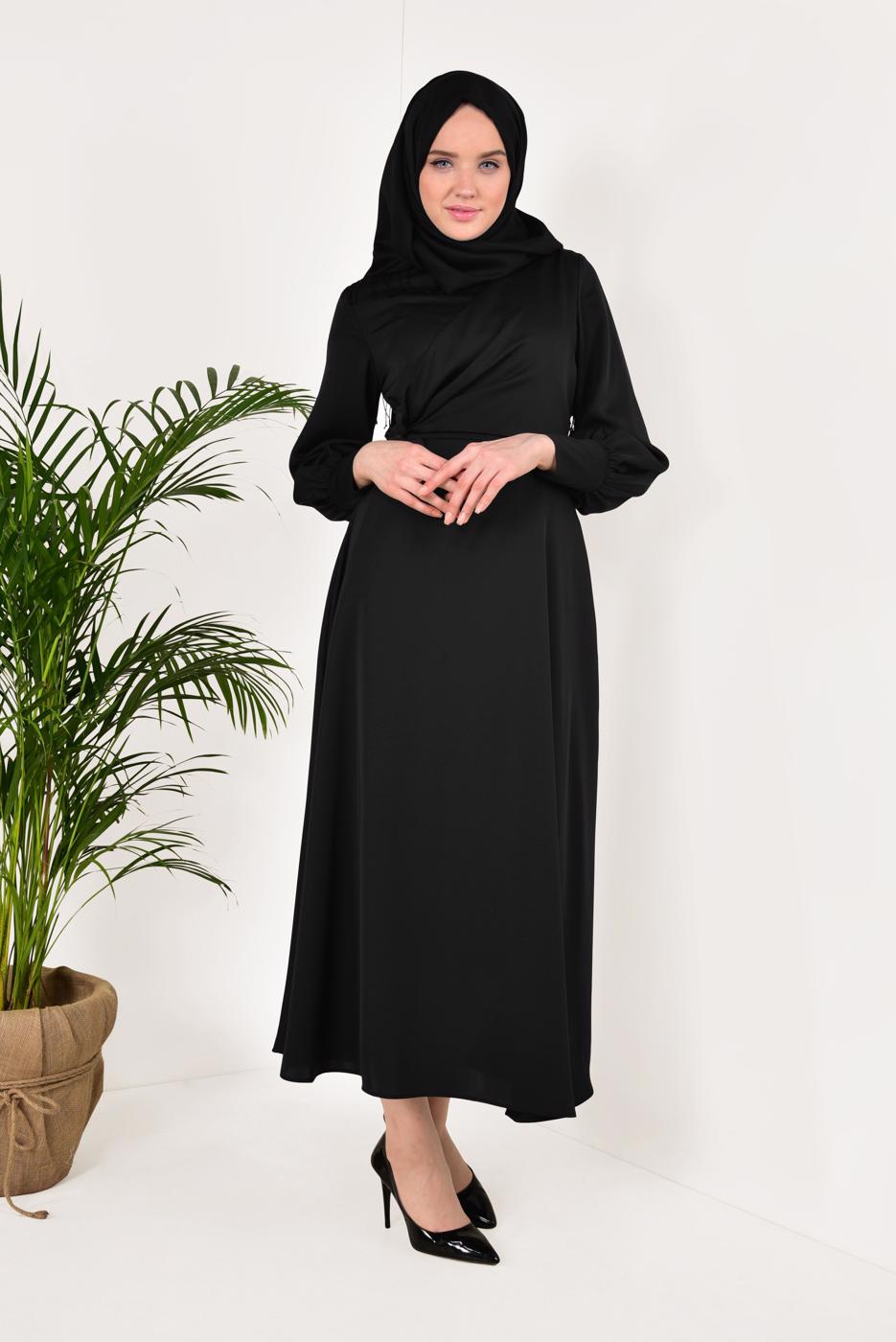 Hijab clothing BLACK Voluminous Sleeve Dress T 3792 