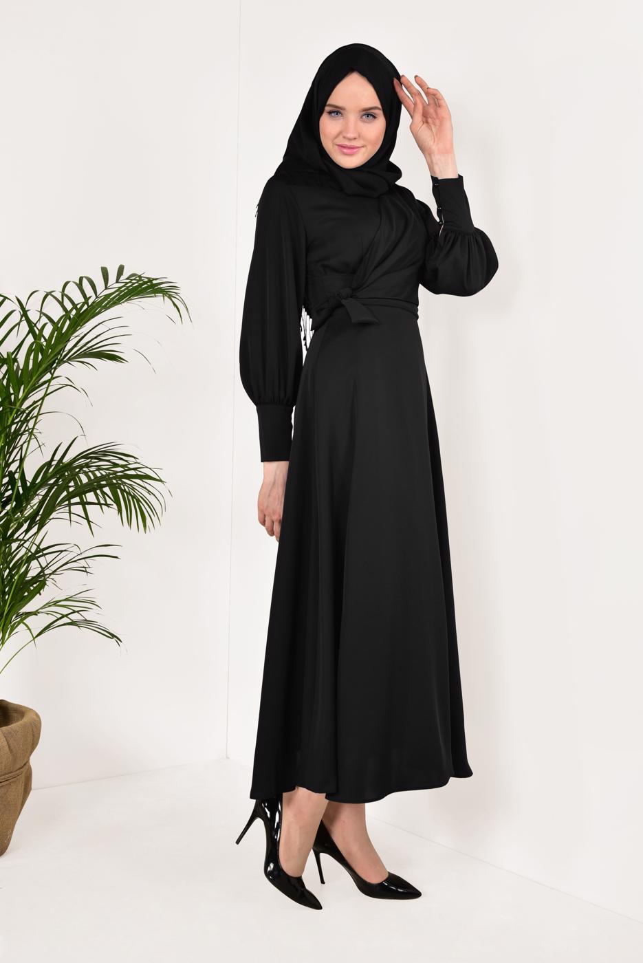 Hijab clothing BLACK Voluminous Sleeve Dress T 3792 