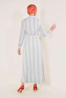 Tesettür giyim KREM ÇİZGİ DESENLİ BOYDAN DÜĞMELİ ELBİSE T 4126