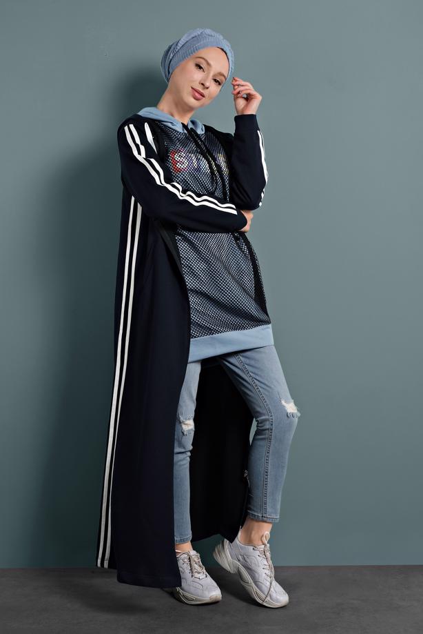 Tesettür giyim LACİVERT ŞERİT DETAYLI FERMUARLI EŞOFMAN FERACE 4202 - TRENDTESETTÜR