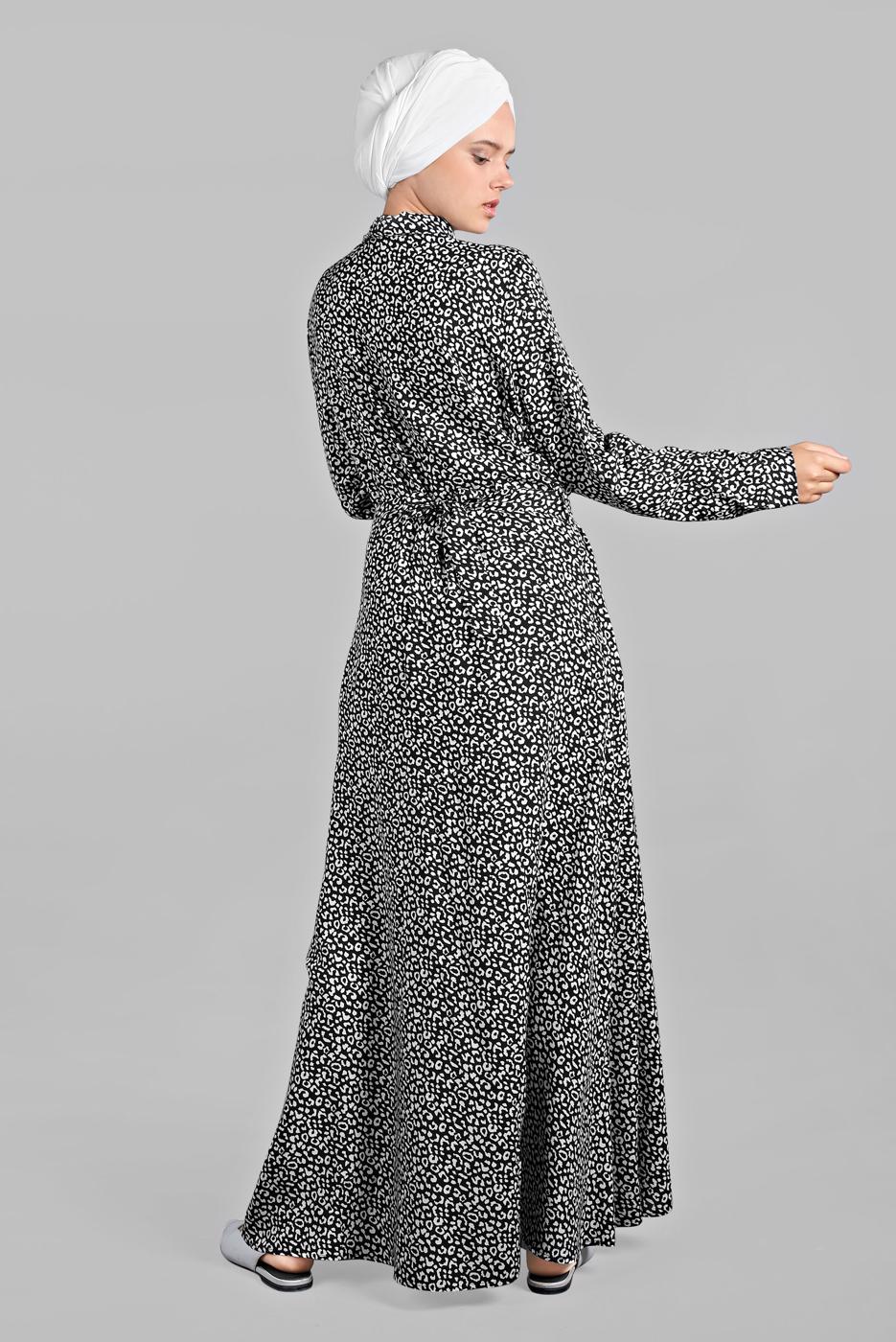 Hijab clothing BLACK Hidden Button Leopard Print Dress T 4224