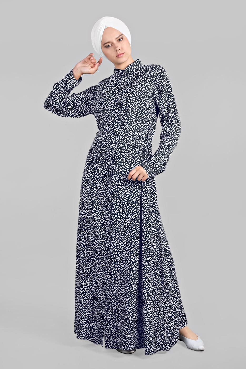 Hijab clothing NAVY BLUE Hidden Button Leopard Print Dress T 4224