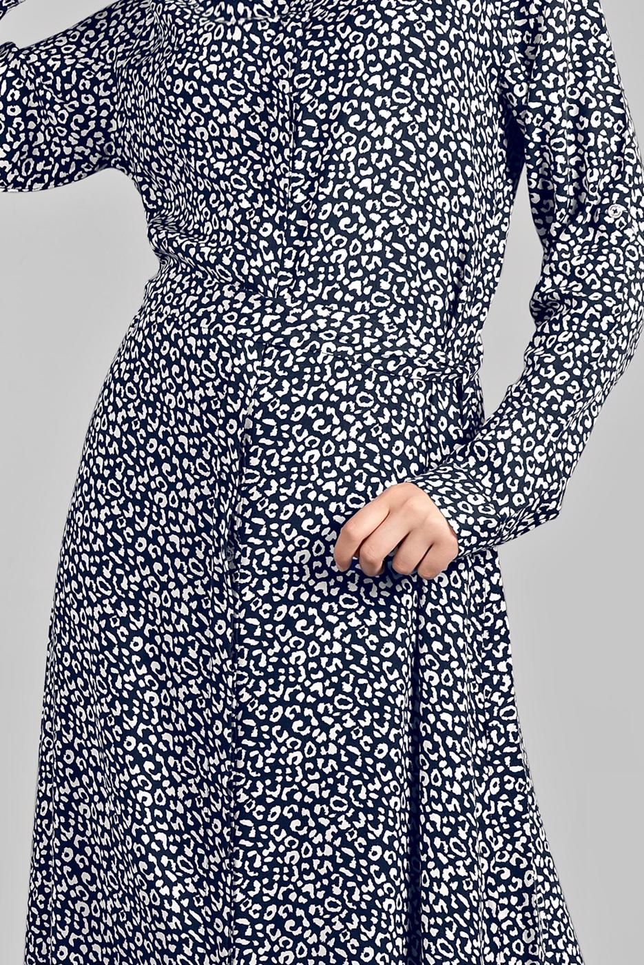 Hijab clothing NAVY BLUE Hidden Button Leopard Print Dress T 4224