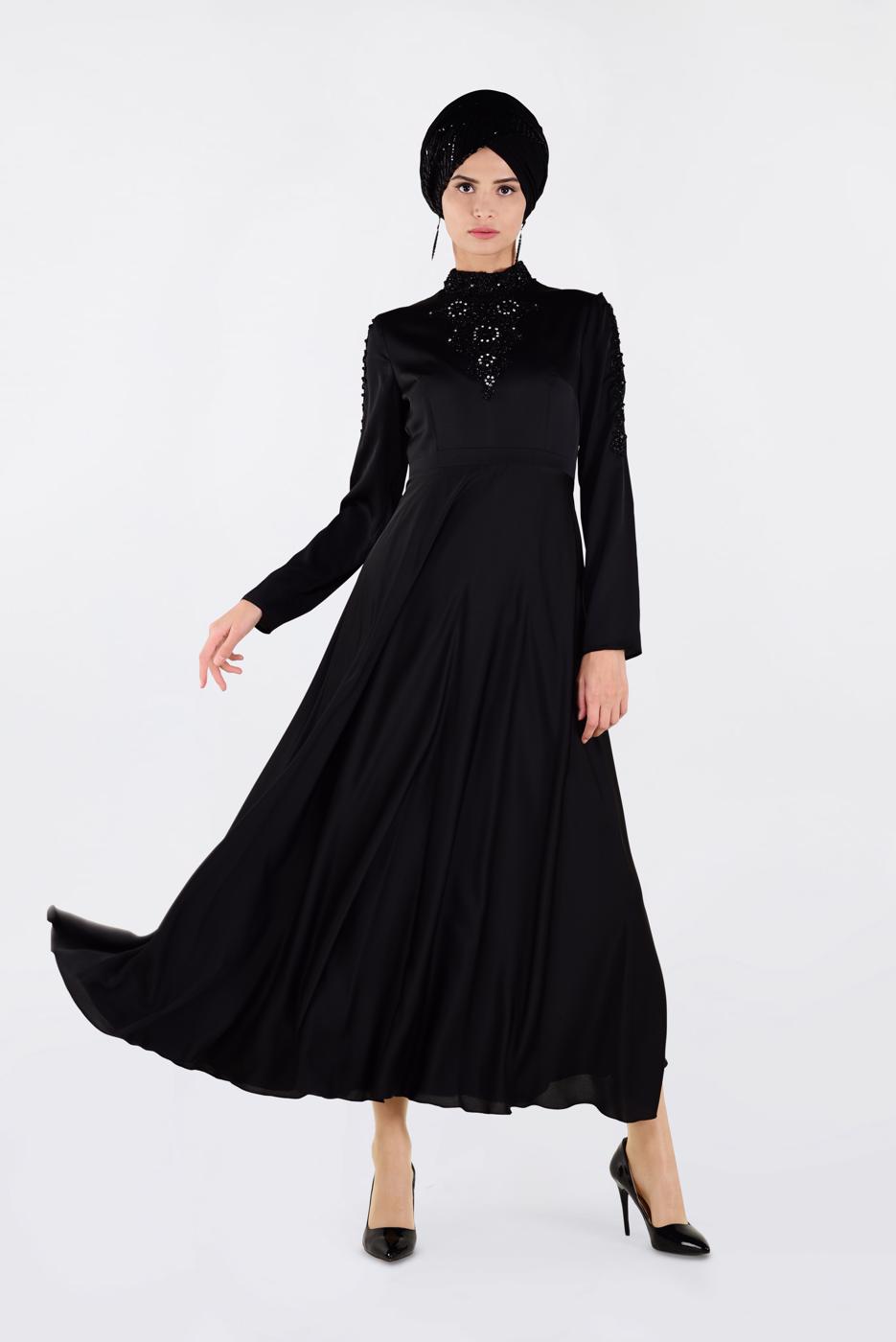 Tesettür giyim SİYAH BONCUK İŞLEME DETAYLI ABİYE ELBİSE 4229