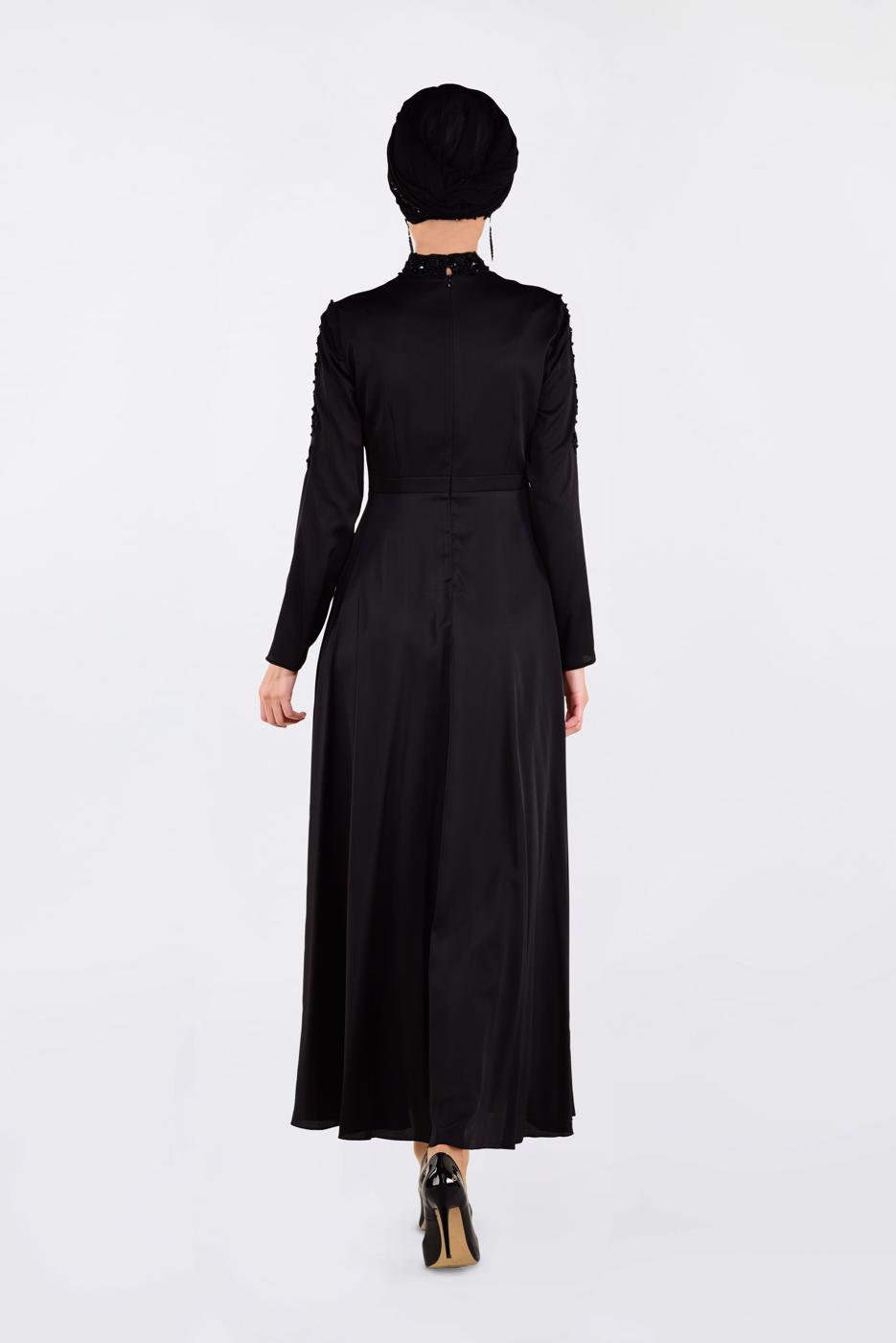 Tesettür giyim SİYAH BONCUK İŞLEME DETAYLI ABİYE ELBİSE 4229