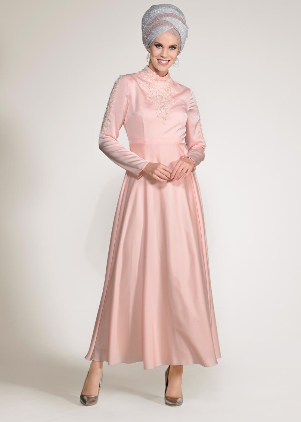 Tesettür giyim PUDRA BONCUK İŞLEME DETAYLI ABİYE ELBİSE 4229