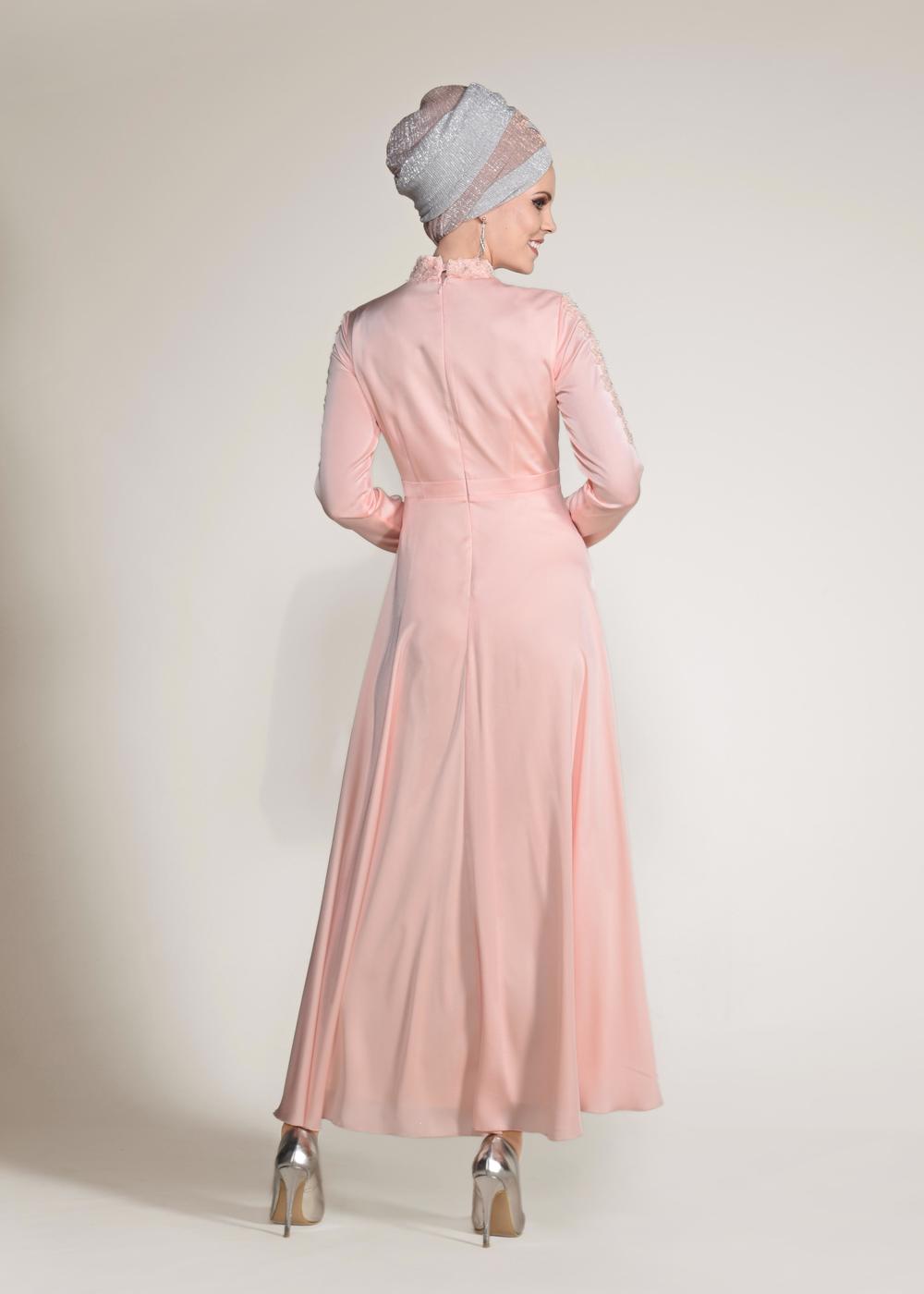 Tesettür giyim PUDRA BONCUK İŞLEME DETAYLI ABİYE ELBİSE 4229