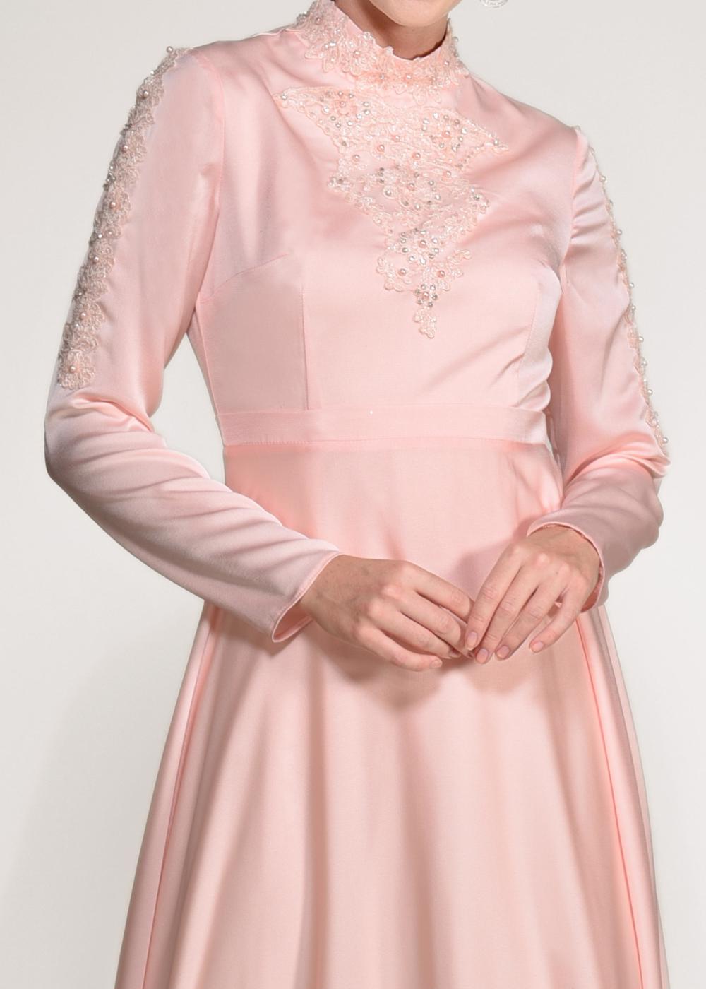 Tesettür giyim PUDRA BONCUK İŞLEME DETAYLI ABİYE ELBİSE 4229