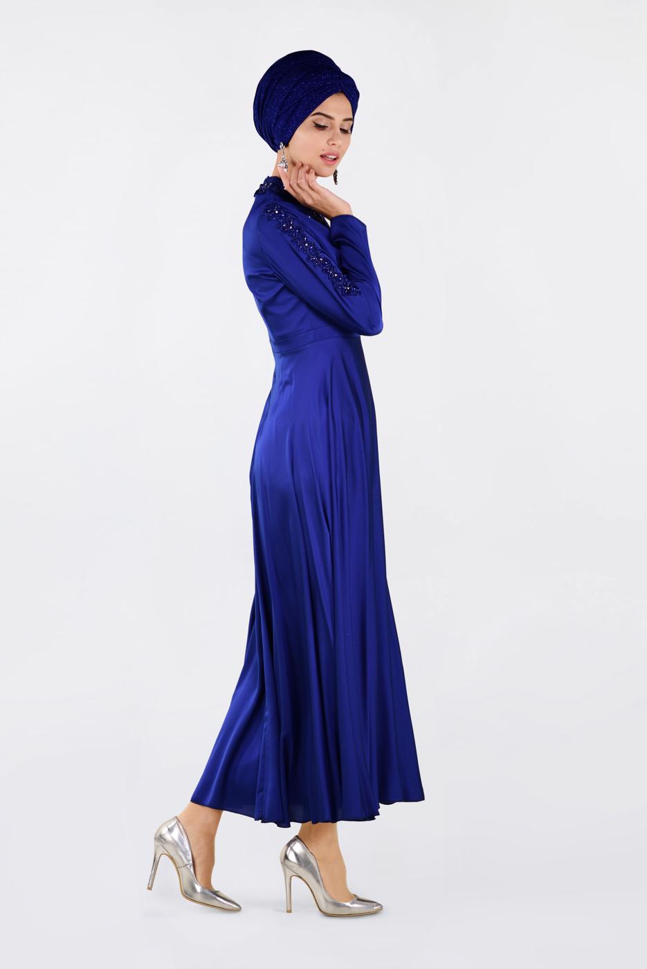 Tesettür giyim LACİVERT BONCUK İŞLEME DETAYLI ABİYE ELBİSE 4229