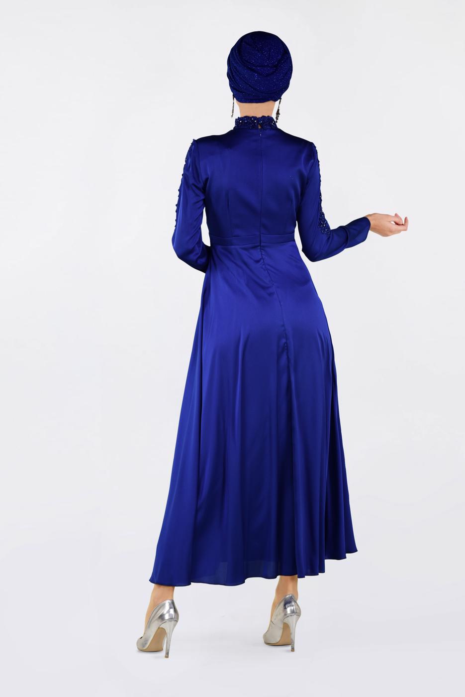 Tesettür giyim LACİVERT BONCUK İŞLEME DETAYLI ABİYE ELBİSE 4229