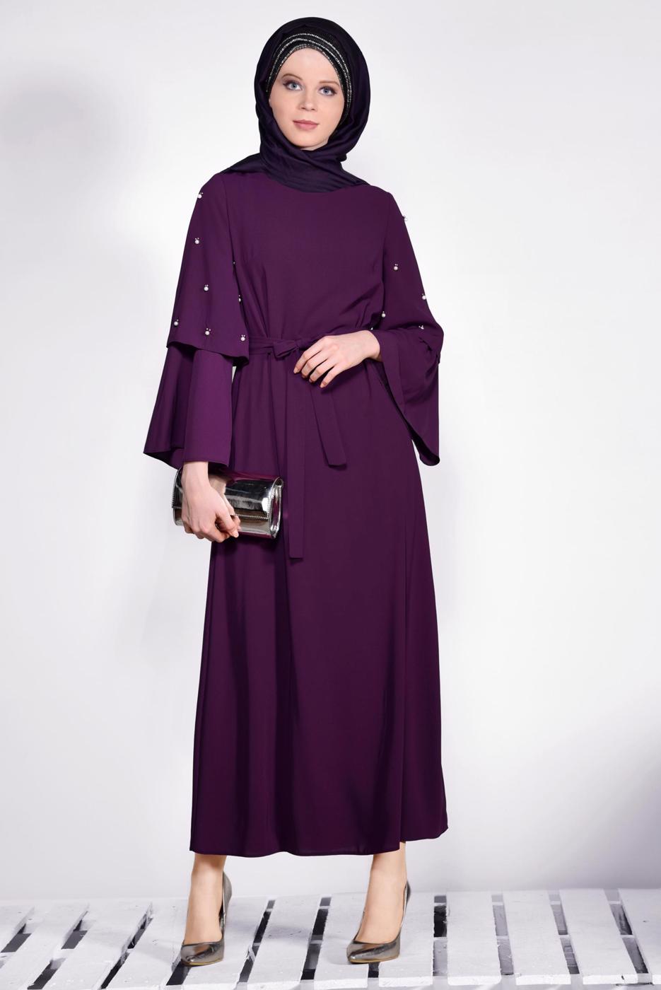 Tesettür giyim MOR İNCİ DETAYLI BELİ KUŞAKLI ELBİSE T 4310