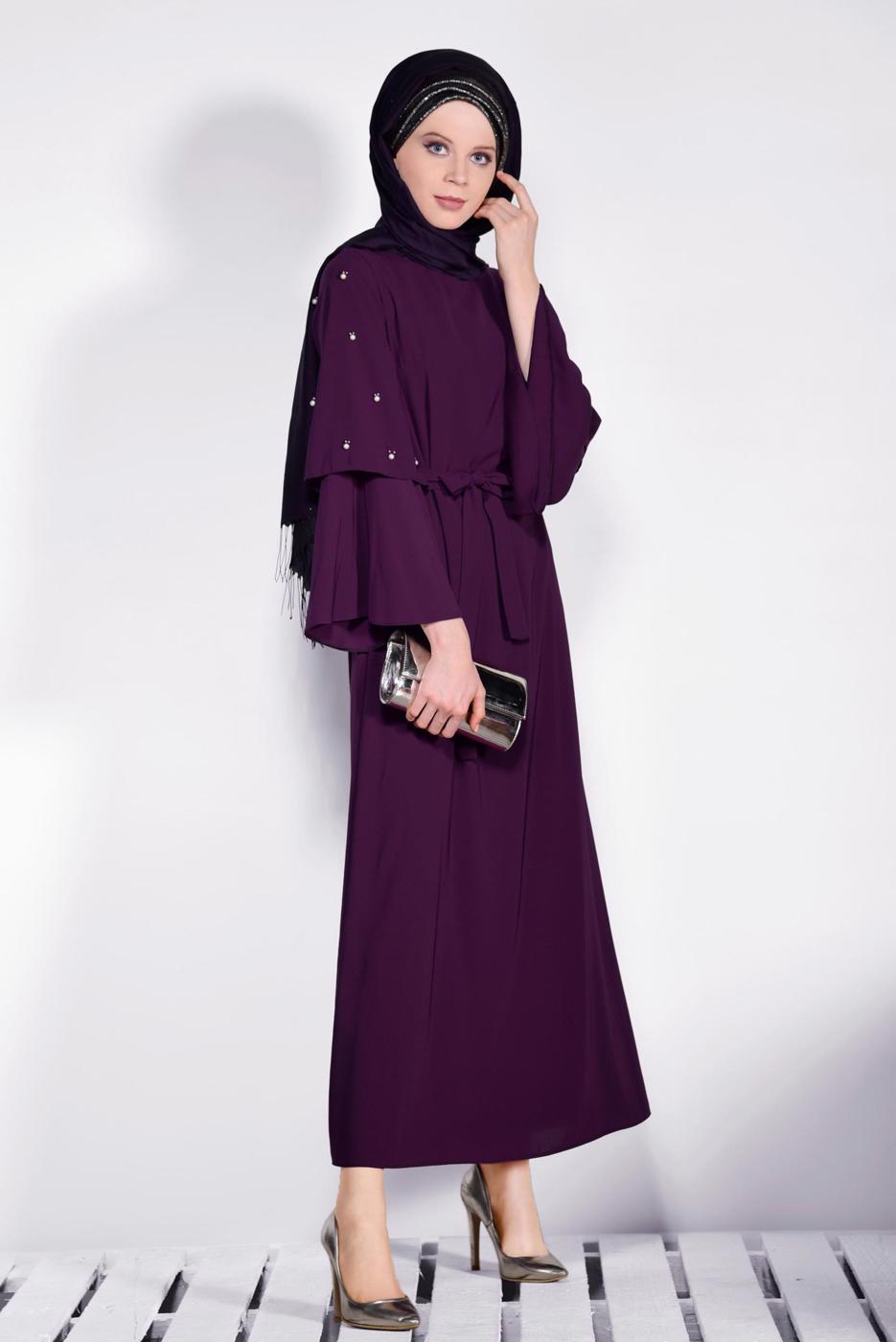 Tesettür giyim MOR İNCİ DETAYLI BELİ KUŞAKLI ELBİSE T 4310