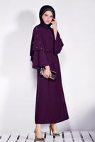 Tesettür giyim MOR İNCİ DETAYLI BELİ KUŞAKLI ELBİSE T 4310