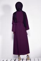 Tesettür giyim MOR İNCİ DETAYLI BELİ KUŞAKLI ELBİSE T 4310
