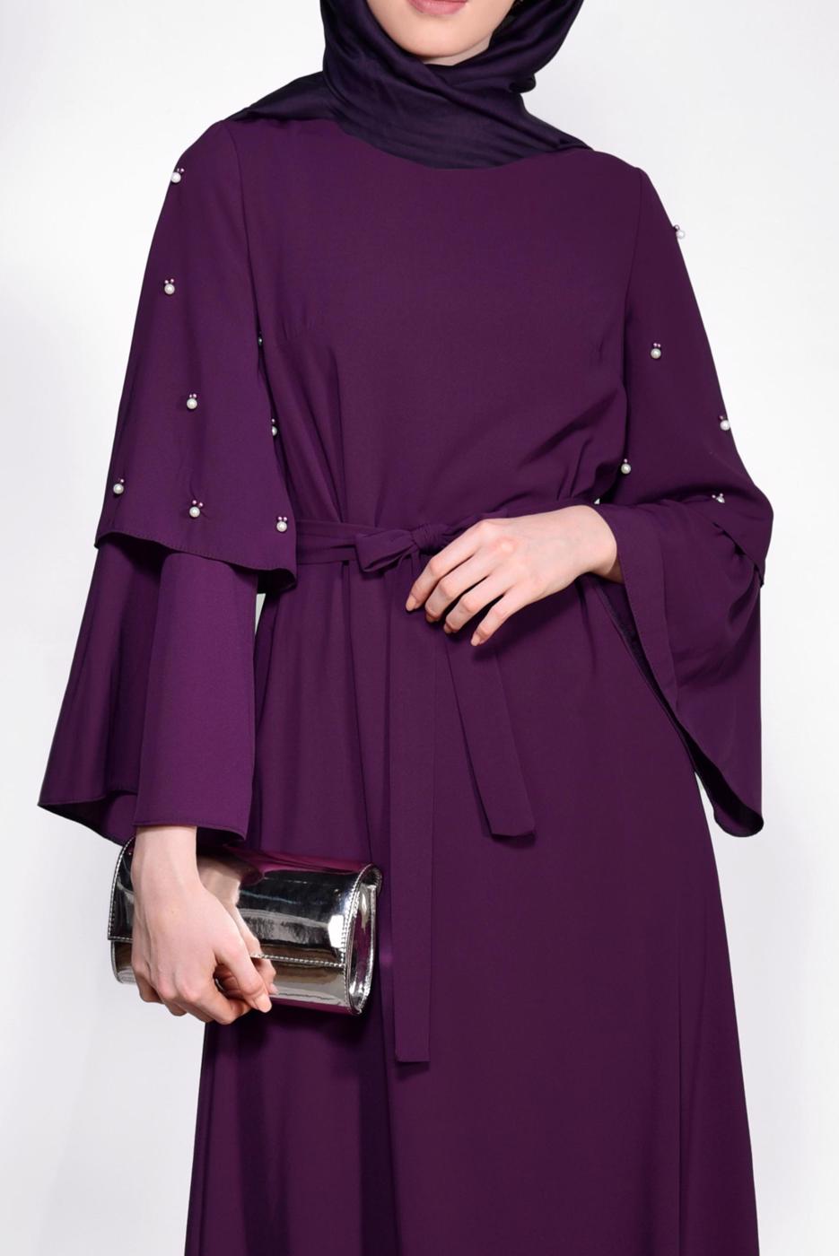 Tesettür giyim MOR İNCİ DETAYLI BELİ KUŞAKLI ELBİSE T 4310