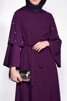 Tesettür giyim MOR İNCİ DETAYLI BELİ KUŞAKLI ELBİSE T 4310