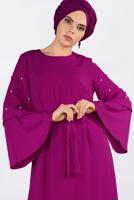 Tesettür giyim FUŞYA İNCİ DETAYLI BELİ KUŞAKLI ELBİSE T 4310