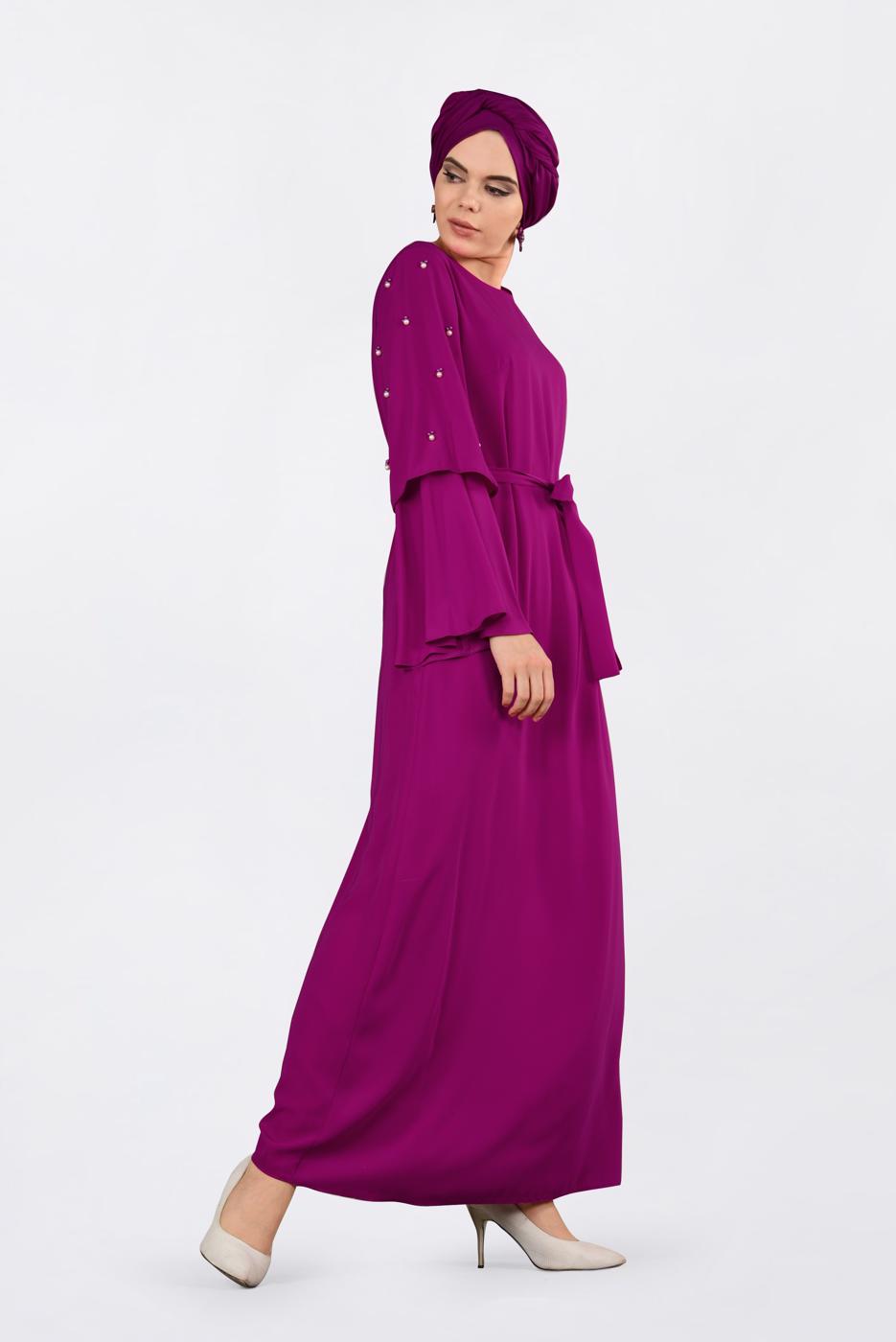 Tesettür giyim FUŞYA İNCİ DETAYLI BELİ KUŞAKLI ELBİSE T 4310