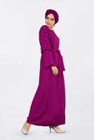 Tesettür giyim FUŞYA İNCİ DETAYLI BELİ KUŞAKLI ELBİSE T 4310