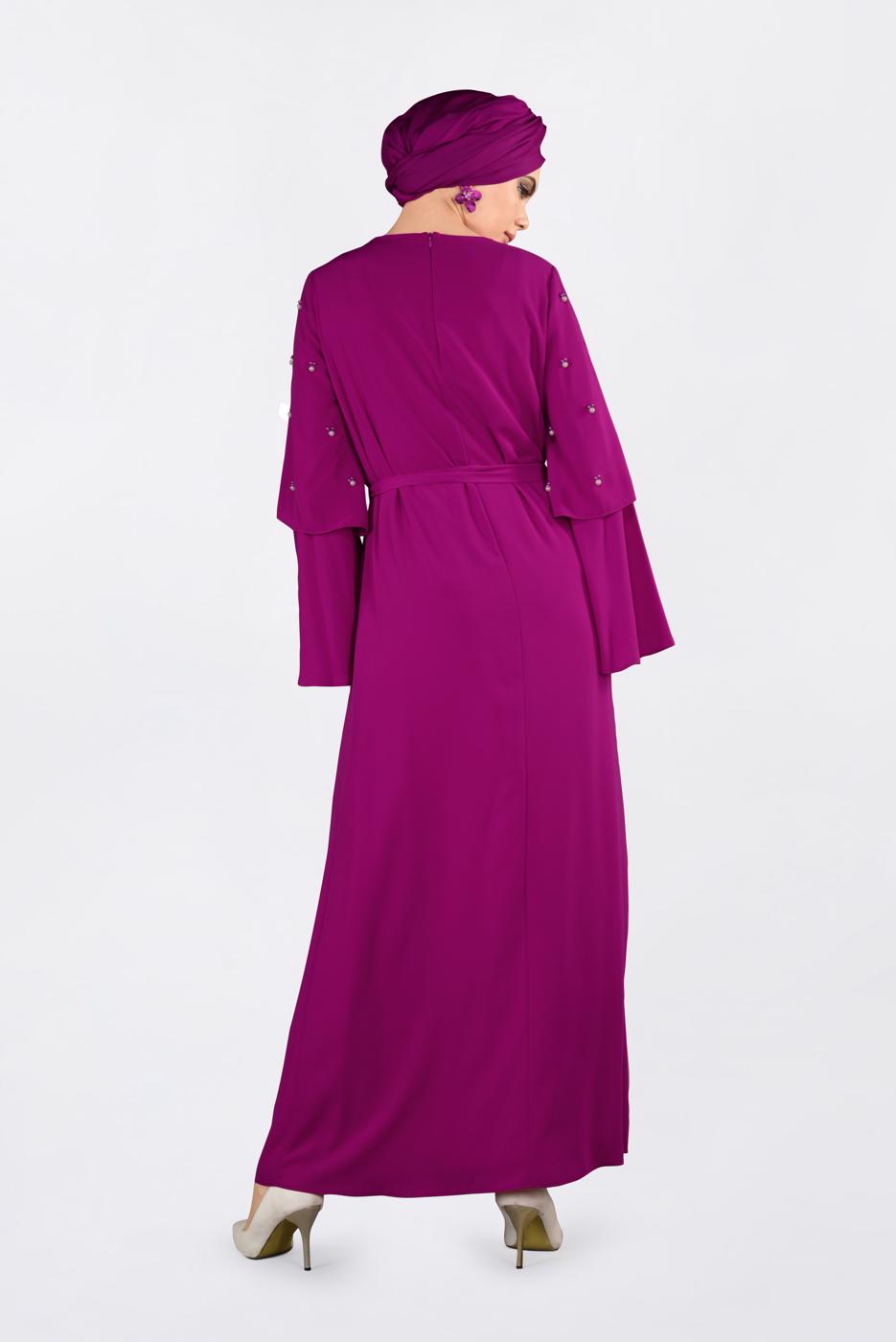 Tesettür giyim FUŞYA İNCİ DETAYLI BELİ KUŞAKLI ELBİSE T 4310