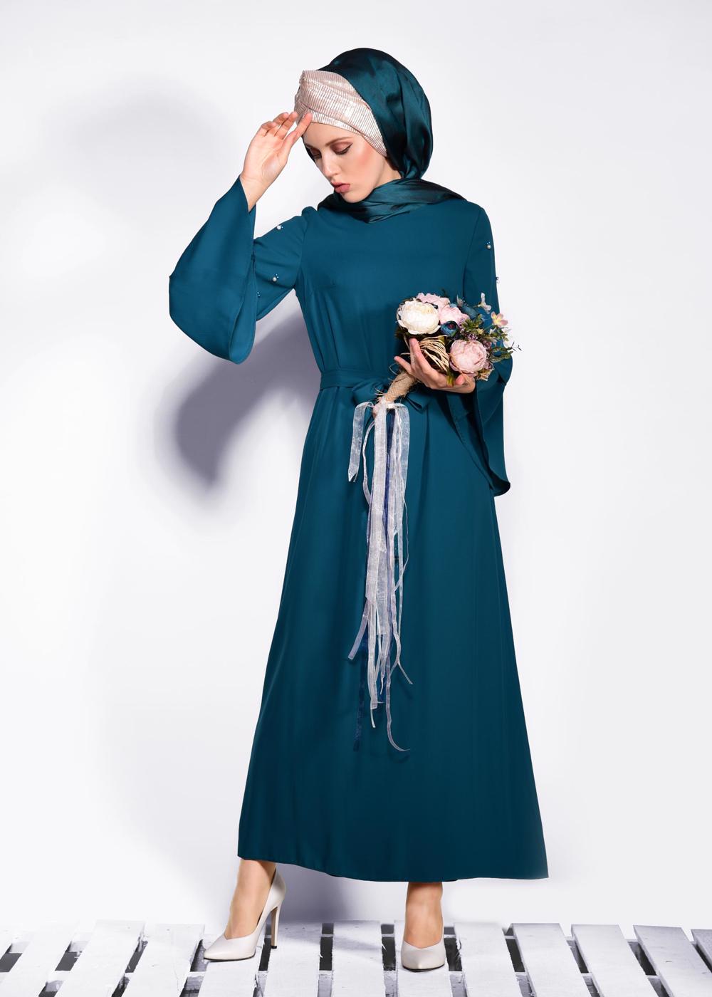 Tesettür giyim MAVİ İNCİ DETAYLI BELİ KUŞAKLI ELBİSE T 4310