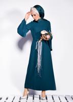 Tesettür giyim MAVİ İNCİ DETAYLI BELİ KUŞAKLI ELBİSE T 4310