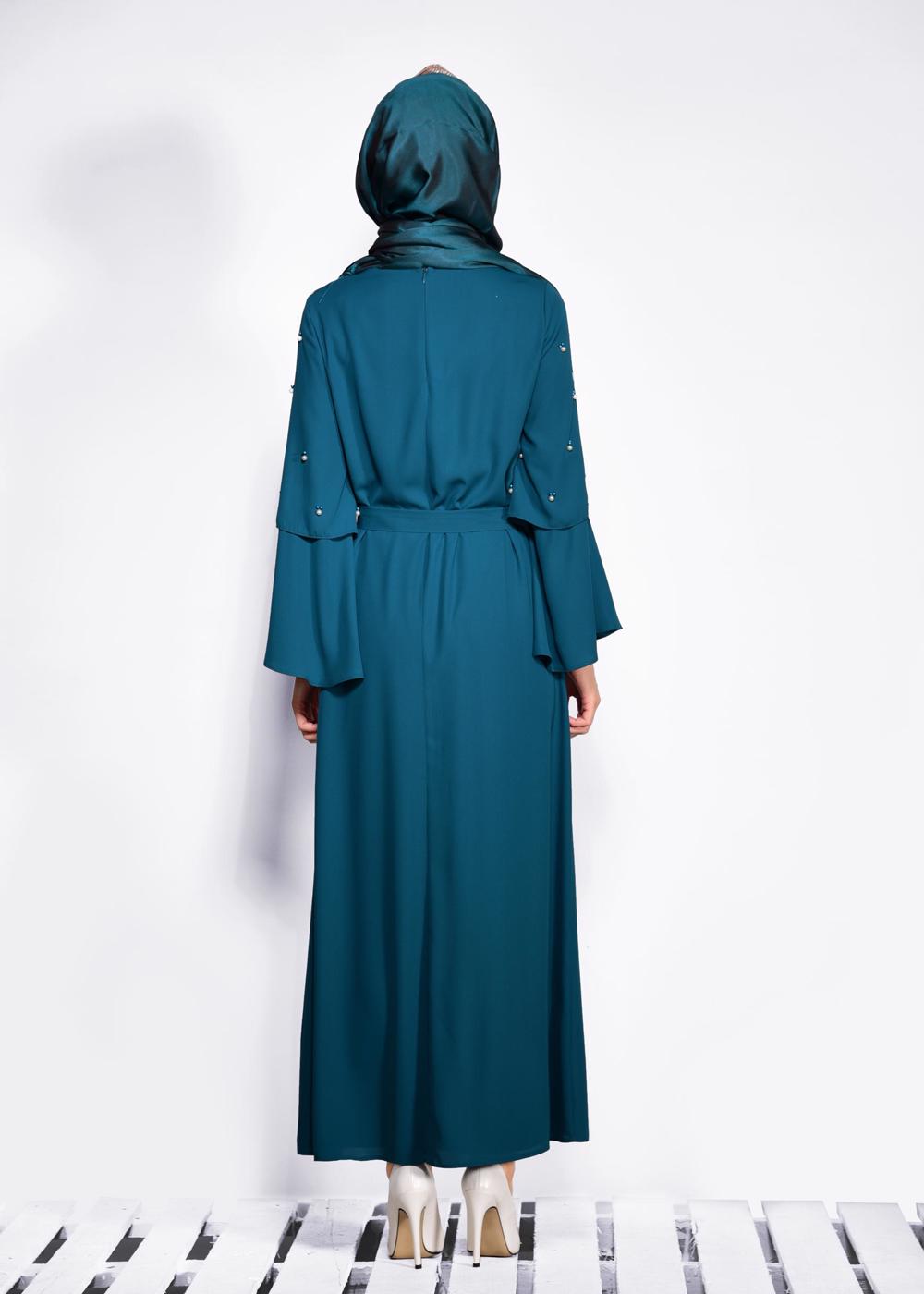 Tesettür giyim MAVİ İNCİ DETAYLI BELİ KUŞAKLI ELBİSE T 4310